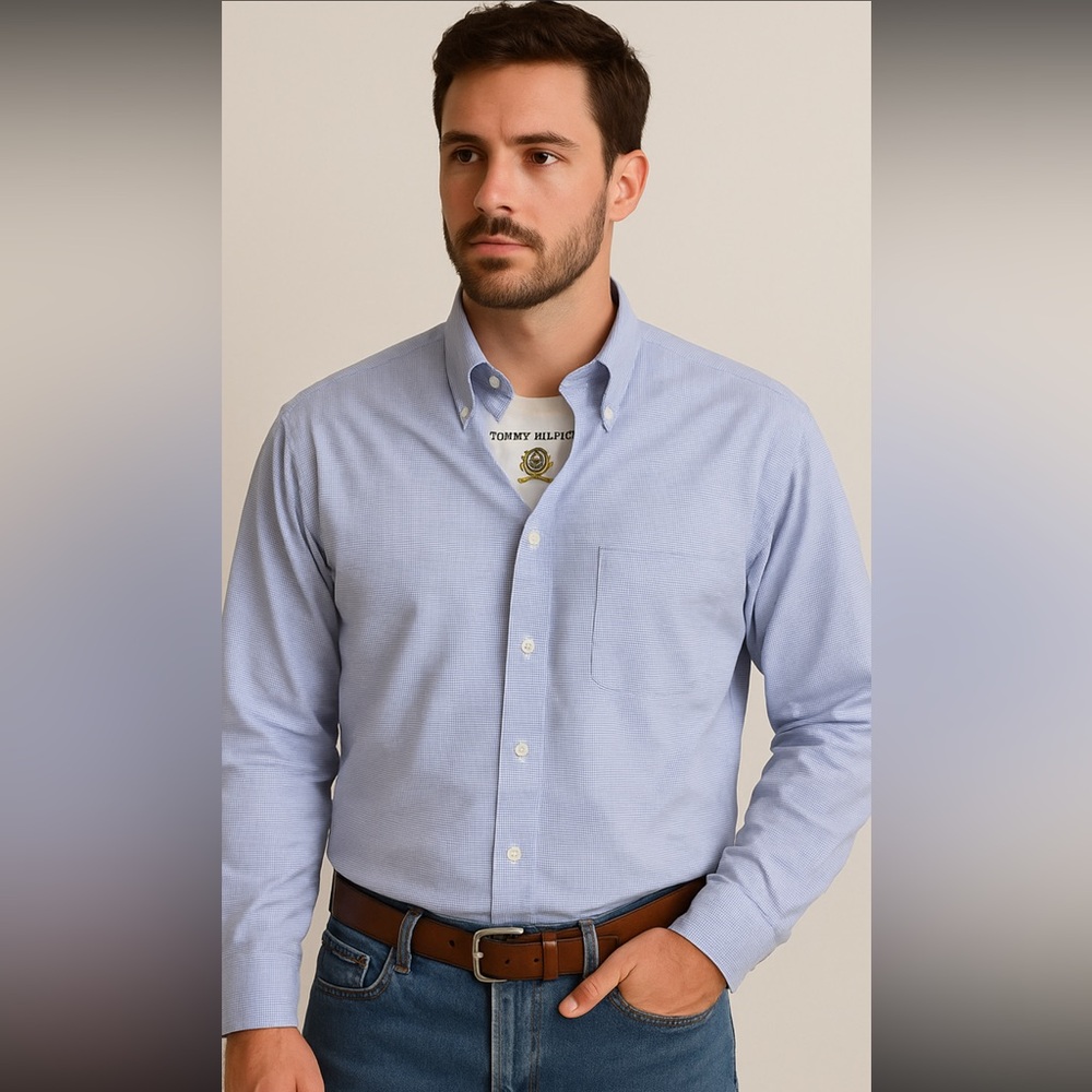 Vintage Tommy Hilfiger Crest Button-Down Shirt Blue White Micro Check 16.5 32/33